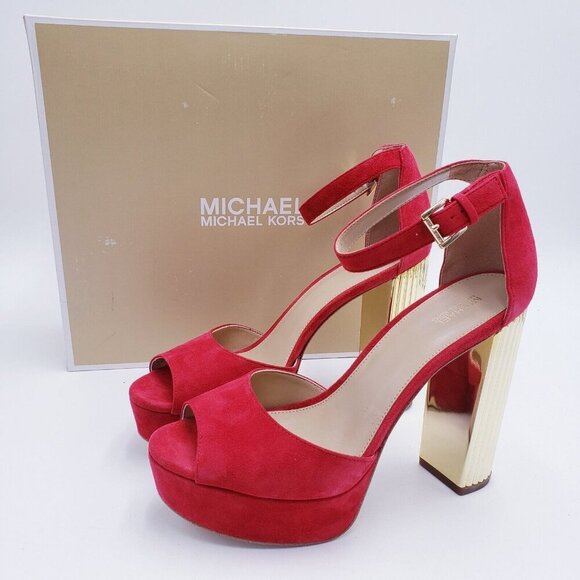Michael Michael Kors Porter Platform Ankle Strap Heeled Sandal Crimson Size 9.5 - Picture 1 of 11